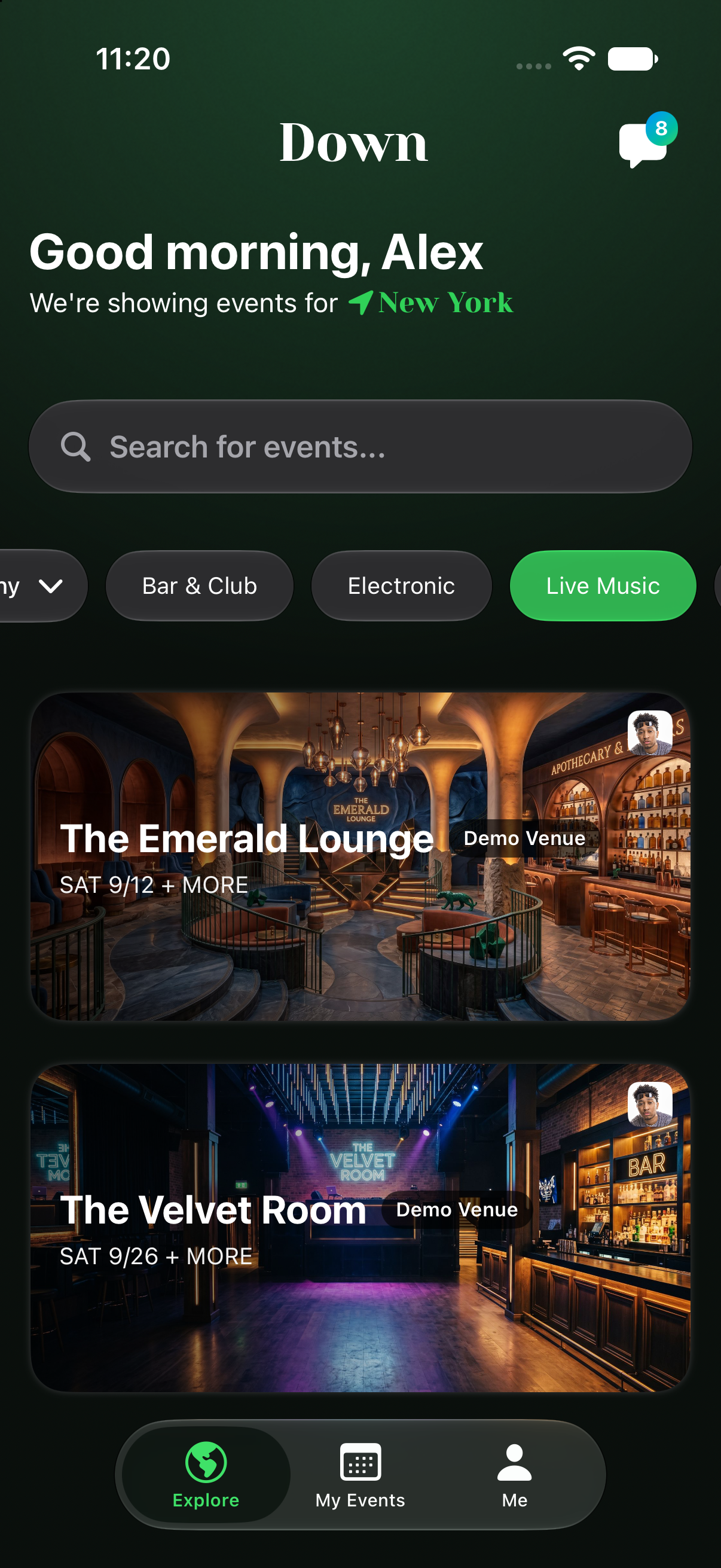 Discovering venues in the Down app